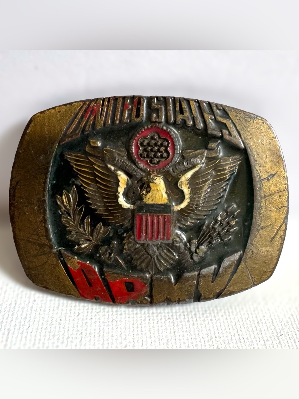 Vintage Indiana Metal Craft 1980 US Army Brass Belt Buckle Military Distressed